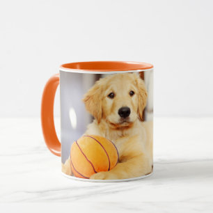 Goldener Retriever mit Basketballspielzeug Tasse