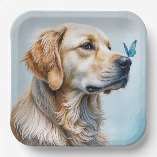 Goldener Retriever mit blauem Schmetterling Pappteller (Vorderseite)