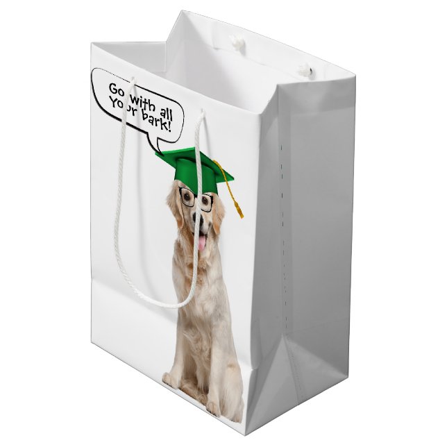Goldener Retriever mit grüner Kappe und Brille Mittlere Geschenktüte (Vorderseite Schrägansicht)