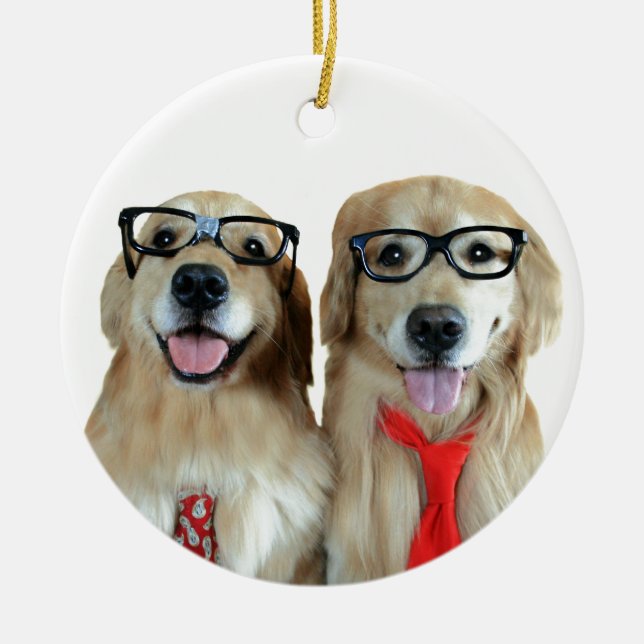 Goldener Retriever mit Nerd-Gläsern Keramik Ornament (Vorne)