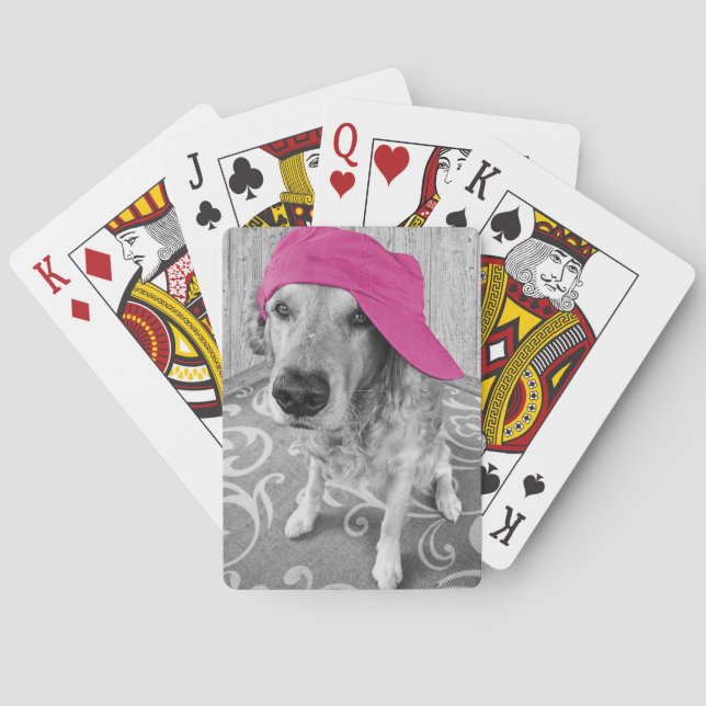 Goldener Retriever mit rosa Baseballkappe Spielkarten (Rückseite)