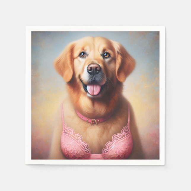 Goldener Retriever mit rosa BH Serviette (Vorderseite)