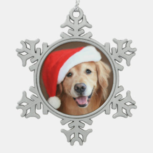 Goldener Retriever mit roter Weihnachtsmannmütze Schneeflocken Zinn-Ornament