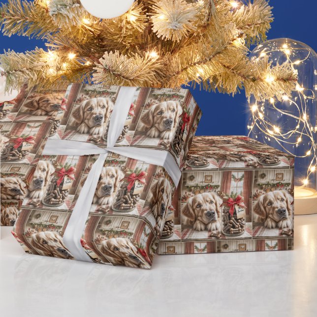 Goldener Retriever mit Weihnachtsknochen im Jar Geschenkpapier (Feiertage)