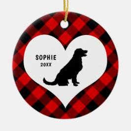 Goldener Retriever Name + Datum Rot Kariert Keramik Ornament