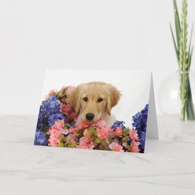 Goldener Retriever-Welpe und Blumen Karte (Vorderseite)