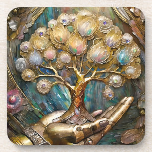 Goldener Roboter-Handholz Gold Tree of Life Getränkeuntersetzer