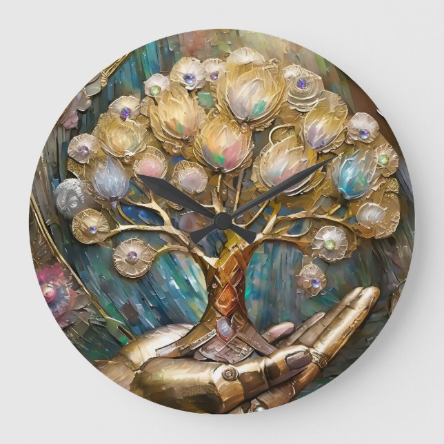 Goldener Roboter-Handholz Gold Tree of Life Große Wanduhr (Vorderseite)