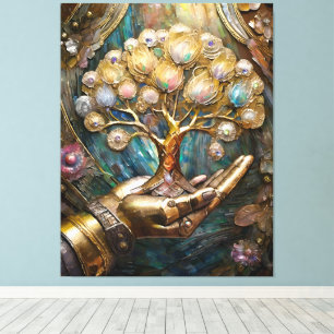 Goldener Roboter-Handholz Gold Tree of Life Leinwanddruck