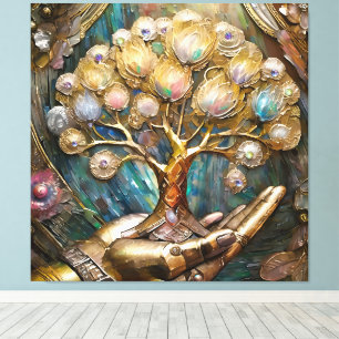 Goldener Roboter-Handholz Gold Tree of Life Leinwanddruck