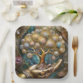 Goldener Roboter-Handholz Gold Tree of Life Pappteller