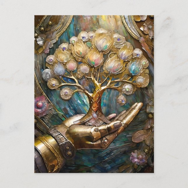 Goldener Roboter-Handholz Gold Tree of Life Postkarte (Vorderseite)