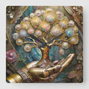 Goldener Roboter-Handholz Gold Tree of Life Quadratische Wanduhr