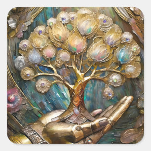 Goldener Roboter-Handholz Gold Tree of Life Quadratischer Aufkleber