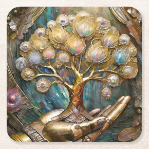 Goldener Roboter-Handholz Gold Tree of Life Rechteckiger Pappuntersetzer