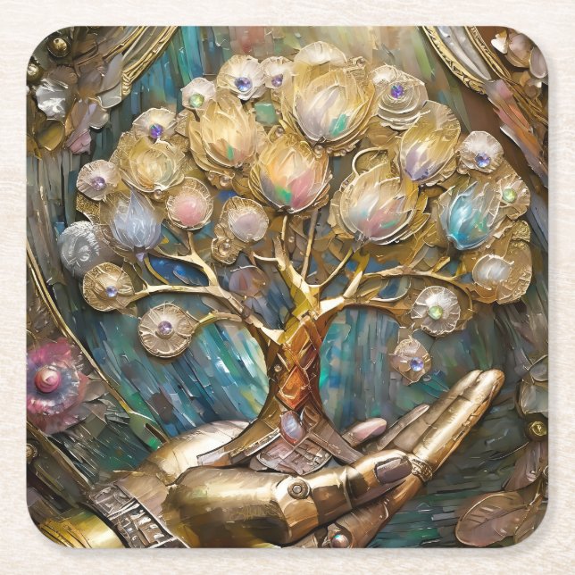 Goldener Roboter-Handholz Gold Tree of Life Rechteckiger Pappuntersetzer (Vorderseite)