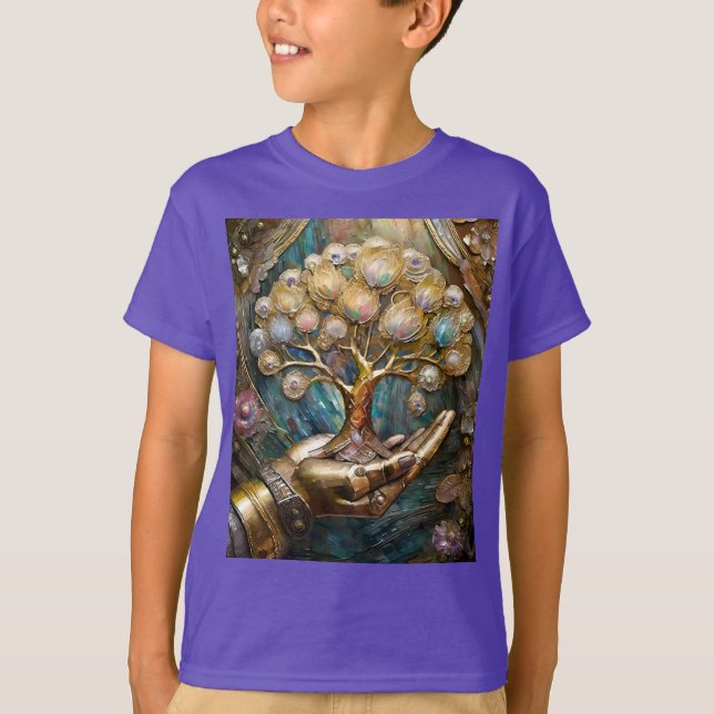 Goldener Roboter-Handholz Gold Tree of Life T-Shirt (Vorderseite)