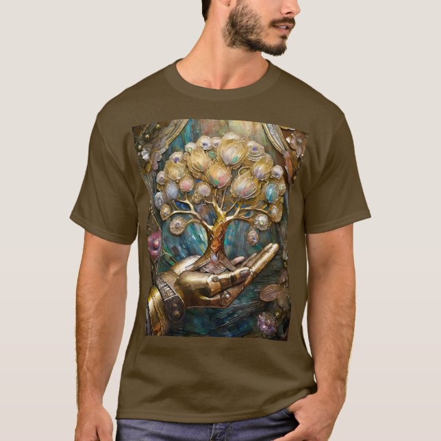 Goldener Roboter-Handholz Gold Tree of Life T-Shirt (Vorderseite)