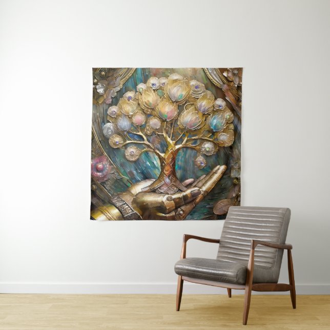 Goldener Roboter-Handholz Gold Tree of Life Wandteppich (Beispiel)