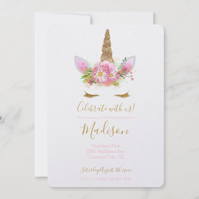 Goldener Rosa Blumenzwiebeln Geburtstag Einladung (Vorderseite)