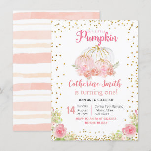 Goldener Rosa Floral Gold Pumpkin 1. Geburtstag Einladung
