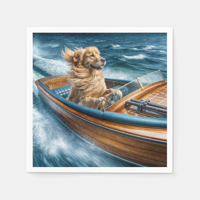 Goldener Rückfahrer mit einem alten Motorboot Serviette (Vorderseite)