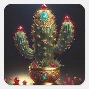 Goldener Saguaro-Kaktus mit eingebetteten Rubinen Quadratischer Aufkleber