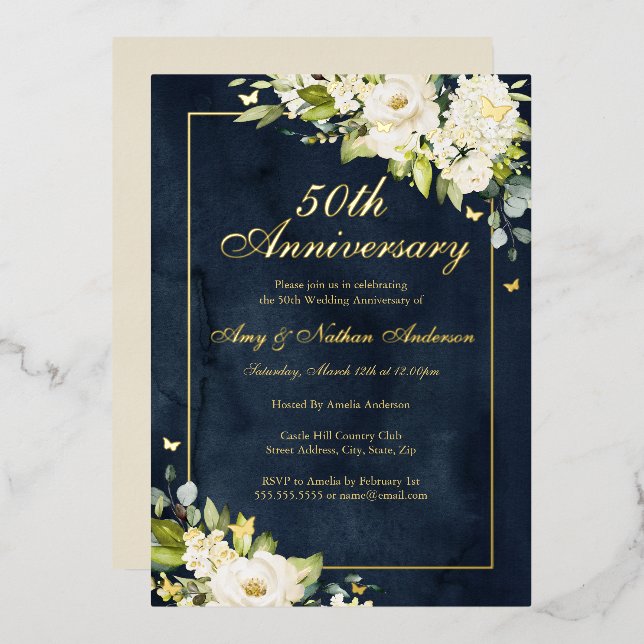Goldener Schmetterling 50. Hochzeitstag Folieneinladung (Vorderseite/Rückseite)