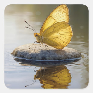 Goldener Schmetterling auf einem Felsen im Wasser Quadratischer Aufkleber