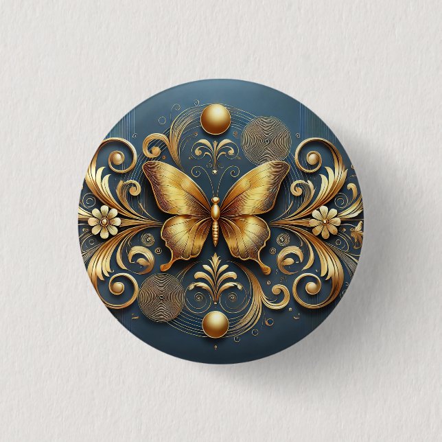 🦋 Goldener Schmetterling Elegante Luxuriöse Blume Button (Vorderseite)