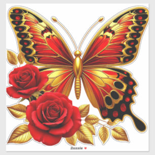 Goldener Schmetterling mit roten Rosen und goldene Aufkleber