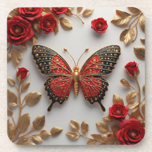 Goldener Schmetterling mit roten Rosen und goldene Getränkeuntersetzer