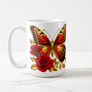 Goldener Schmetterling mit roten Rosen und goldene Kaffeetasse