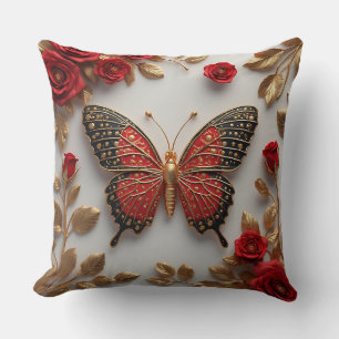 Goldener Schmetterling mit roten Rosen und goldene Kissen