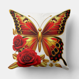 Goldener Schmetterling mit roten Rosen und goldene Kissen