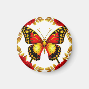 Goldener Schmetterling mit roten Rosen und goldene Magnet