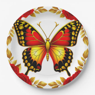 Goldener Schmetterling mit roten Rosen und goldene Pappteller