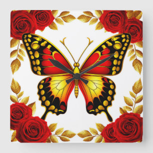 Goldener Schmetterling mit roten Rosen und goldene Quadratische Wanduhr