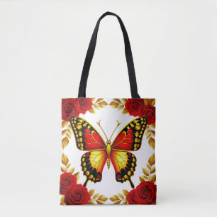 Goldener Schmetterling mit roten Rosen und goldene Tasche