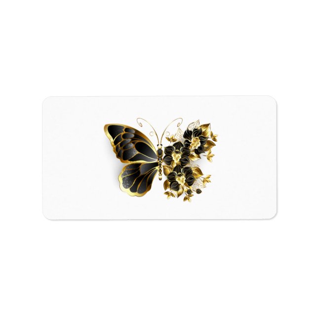 Goldener Schmetterling mit schwarzem Orchid Adressaufkleber (Vorne)