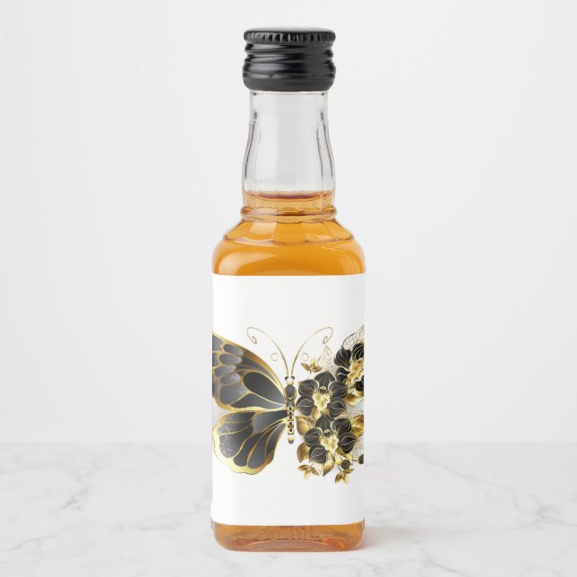 Goldener Schmetterling mit schwarzem Orchid Alkoholflaschenetikett (Vorderseite)