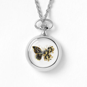Goldener Schmetterling mit schwarzem Orchid Armbanduhr