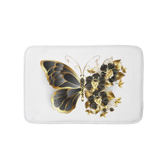 Goldener Schmetterling mit schwarzem Orchid Badematte (Vorderseite)