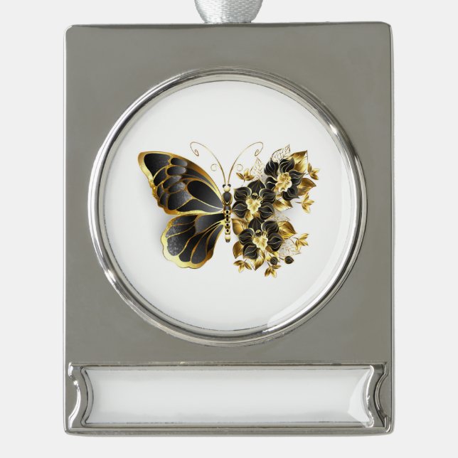 Goldener Schmetterling mit schwarzem Orchid Banner-Ornament Silber (Vorderseite)