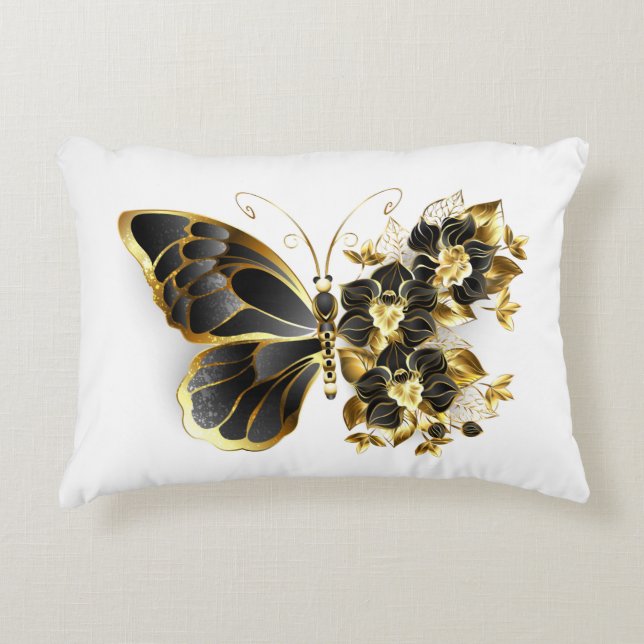 Goldener Schmetterling mit schwarzem Orchid Dekokissen (Vorderseite)
