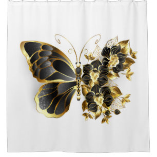 Goldener Schmetterling mit schwarzem Orchid Duschvorhang