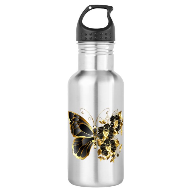 Goldener Schmetterling mit schwarzem Orchid Edelstahlflasche (Vorderseite)