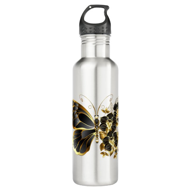 Goldener Schmetterling mit schwarzem Orchid Edelstahlflasche (Vorderseite)