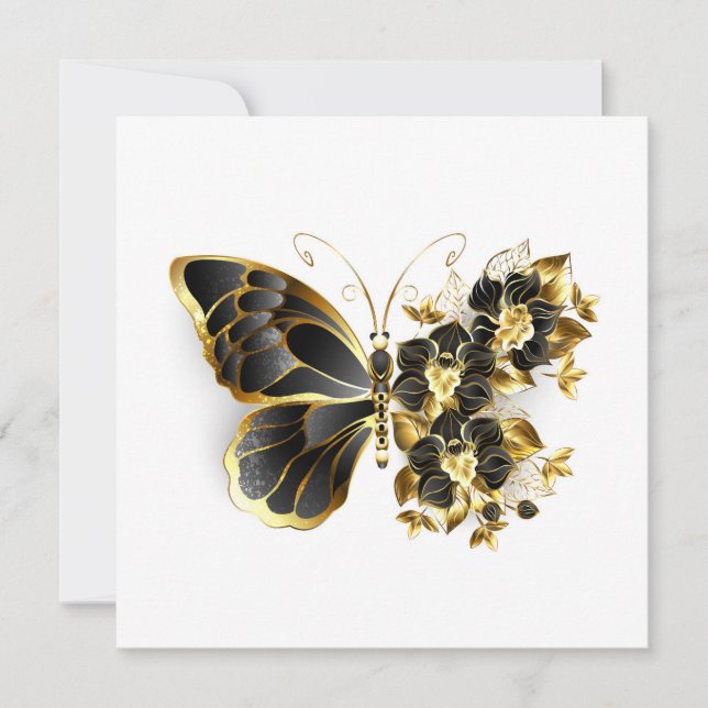 Goldener Schmetterling mit schwarzem Orchid Einladung (Vorderseite)
