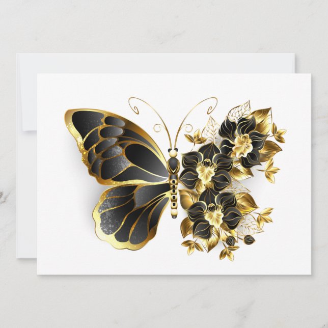 Goldener Schmetterling mit schwarzem Orchid Einladung (Vorderseite)